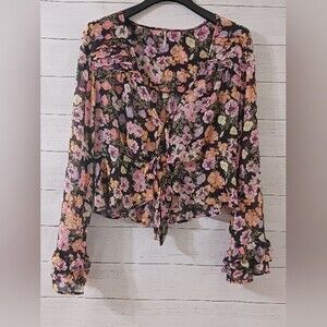 Free People Ladies Maybel Blouse, Medium, Floral Print, Tie Front, Ruffle Sleeve